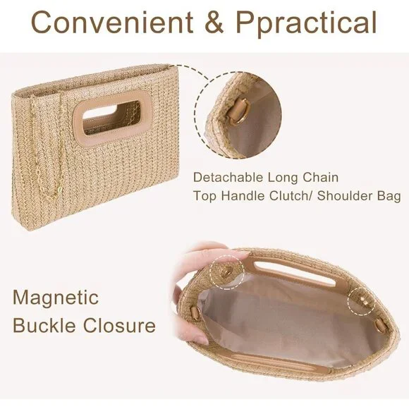 Women Straw Clutch Purse Top Handle Crossbody Woven Envelope Evening Bag